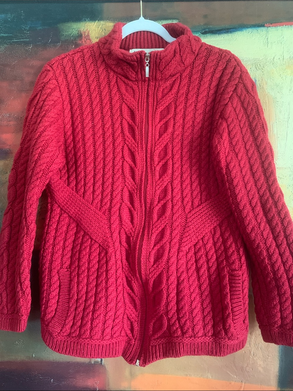 Aran Mór Ireland 100% Merino Wool Full-Zip Cable Knit Cardigan Sweater, Sz L